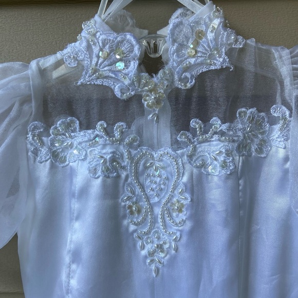 Vintage Sz-6 Long Flower Girl Wedding Dress, Elegant White Satin w/Bustle & Bow - Picture 11 of 16